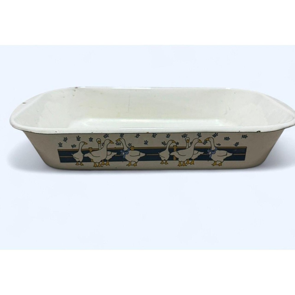 Vintage Enamel Roasting Pan White Blue Goose Geese Farmhouse 16x10